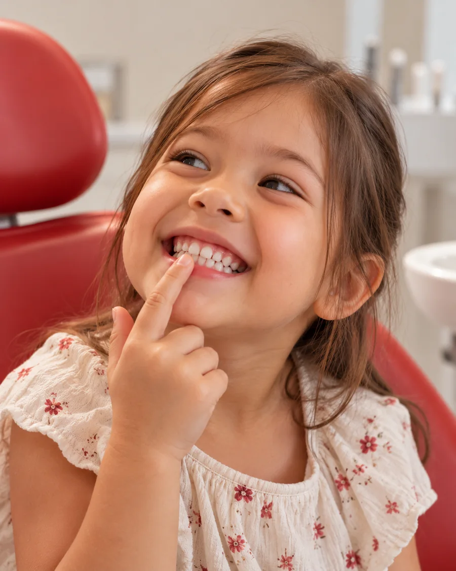 Menina sorrindo na cadeira odontológica, apontando para os dentes