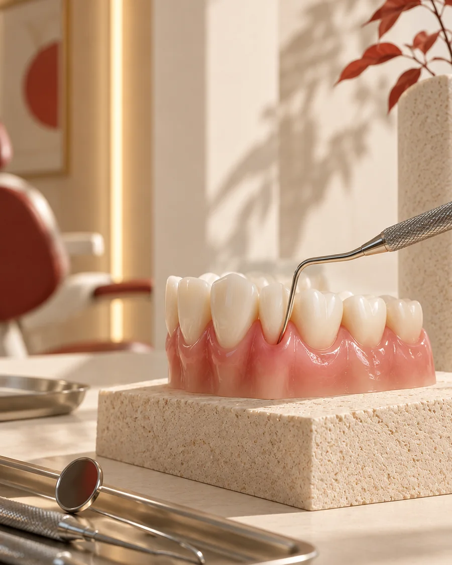 Modelo de gengiva com sonda periodontal