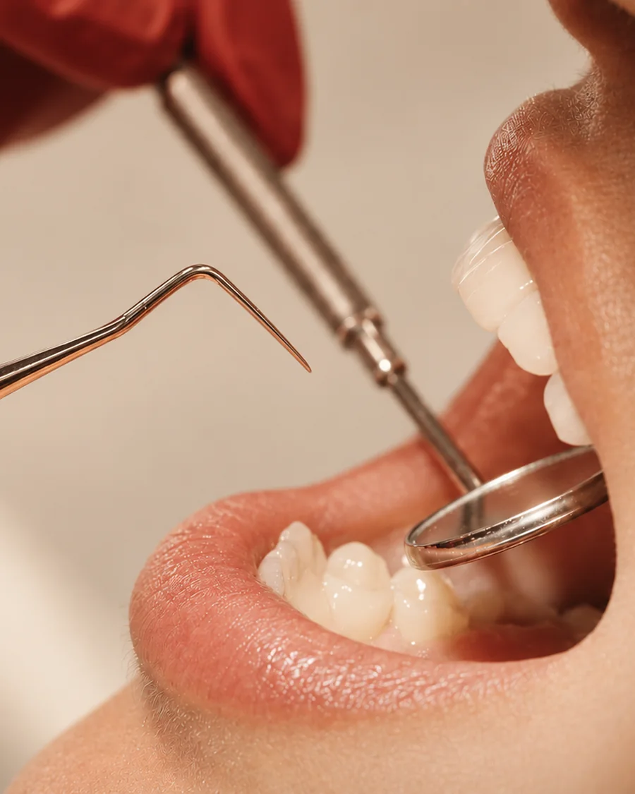 Exame clínico em detalhe, com espelho e sonda odontológica