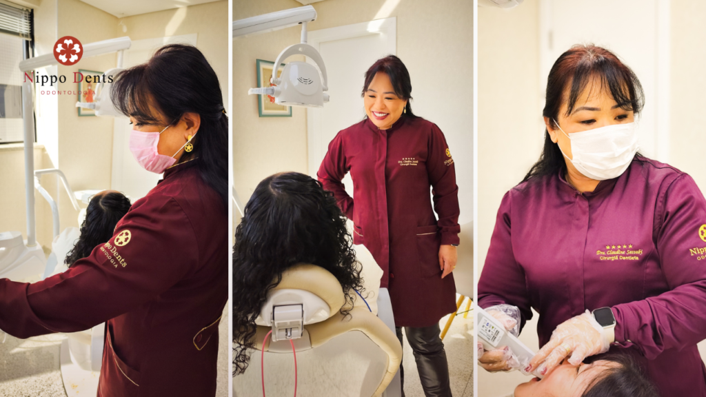 Dra. Claudine Yumika atendendo paciente durante avaliação clínica para implantes e carga imediata