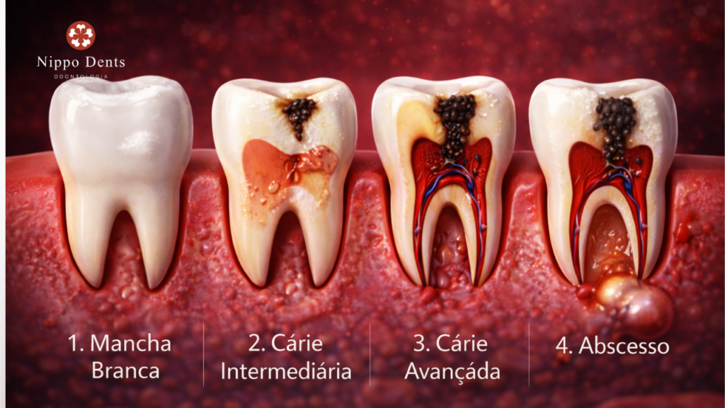 Quatro estágios da cárie mostrando mancha branca, cárie intermediária, cárie avançada e abscesso