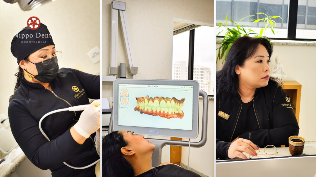 Profissional realizando procedimento, scanner intraoral e dentista em atendimento clínico na Nippo Dents