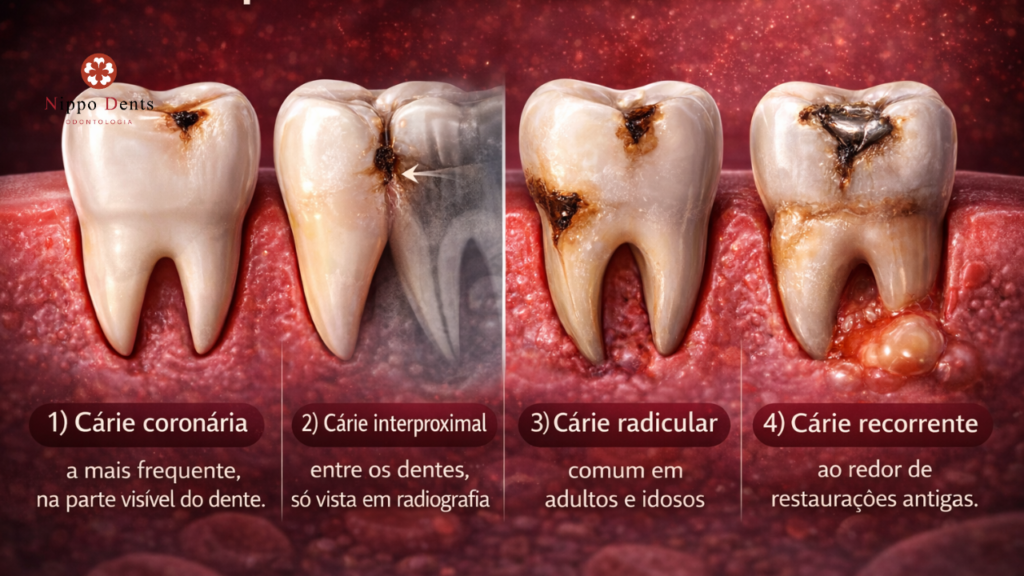 Imagem ilustrando quatro tipos de cárie: coronária, entre os dentes, na raiz e ao redor de restaurações