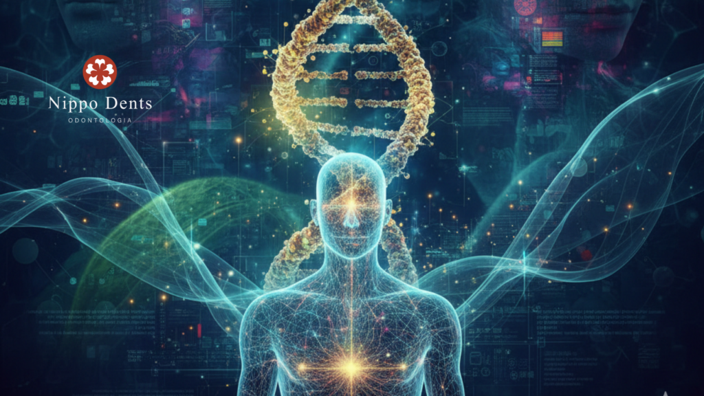 Ilustração conceitual mostrando a relação entre genética, corpo humano e desenvolvimento dentário, com dupla hélice de DNA ao fundo