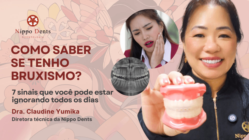 Ilustração mostrando como ocorre o bruxismo com ranger e apertamento dos dentes durante o sono ou ao longo do dia