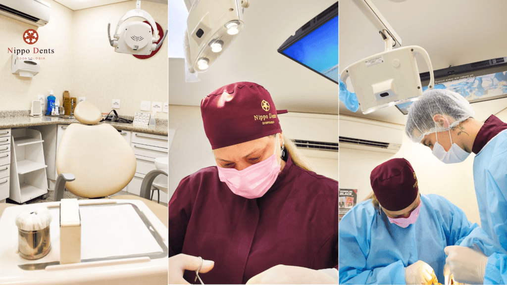 Consultório odontológico moderno e equipe realizando cirurgia de implante dentário na Nippo Dents Odontologia