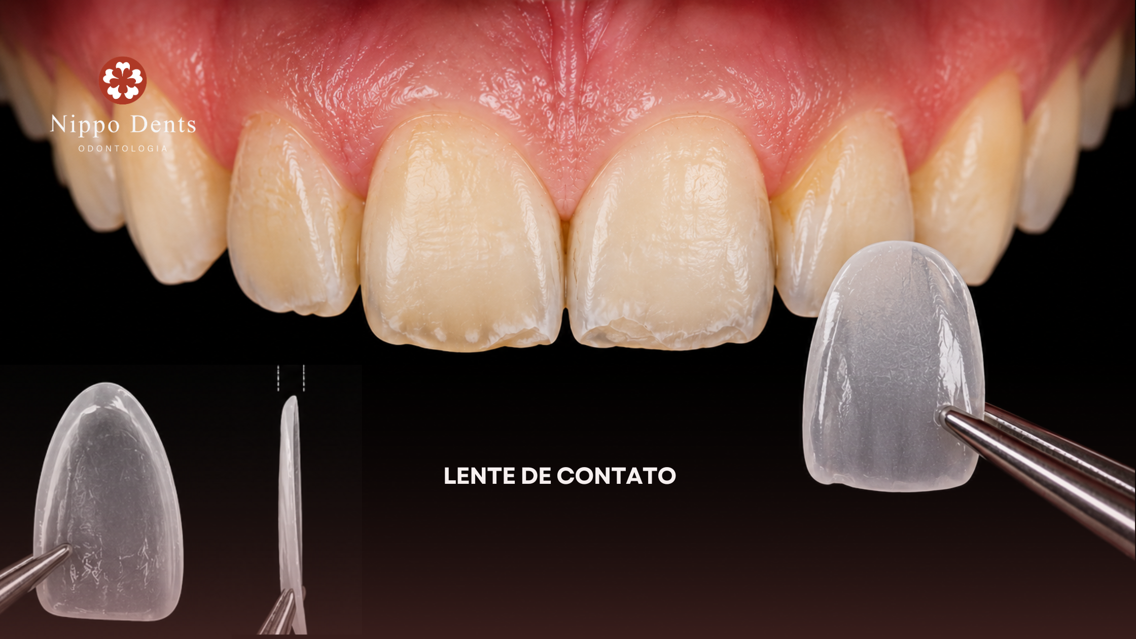 Lente de contato dental ultrafina sendo posicionada sobre o dente para correção estética do sorriso.
