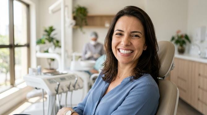 Mulher sorrindo com confiança e naturalidade em clínica odontológica moderna, exibindo dentes brancos e alinhados.