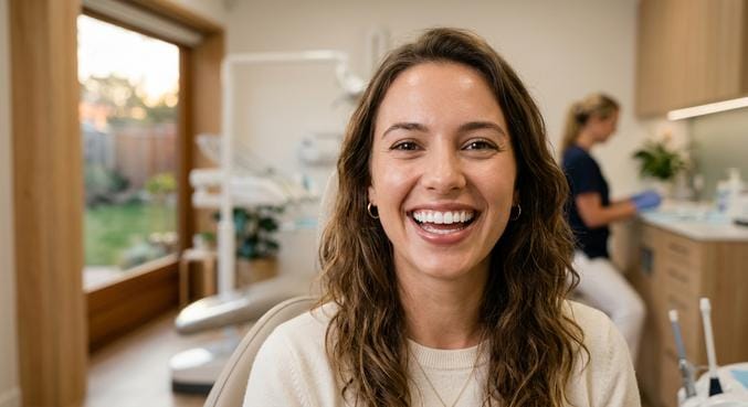 Mulher jovem com sorriso confiante e dentes brancos em clínica odontológica moderna e acolhedora, close-up.
