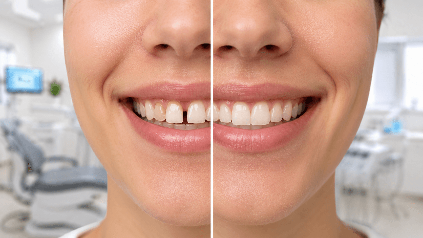 Antes e depois do fechamento de diastema, mostrando a correção do espaço entre os dentes da frente em avaliação odontológica.