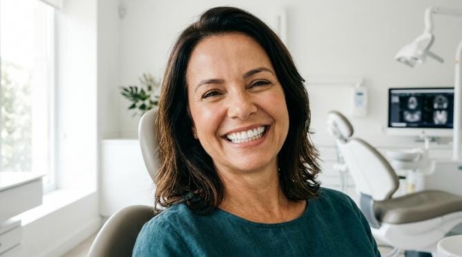 Mulher de meia-idade sorrindo amplamente, mostrando dentes brancos e alinhados em um consultório odontológico moderno.