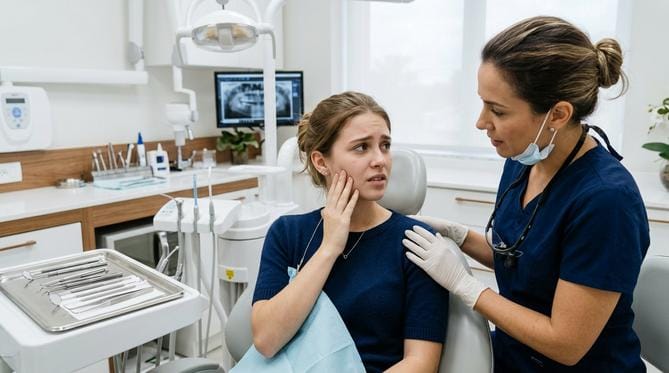 Jovem paciente com expressão de leve preocupação durante consulta em consultório odontológico moderno, com dentista de luvas examinando cuidadosamente.