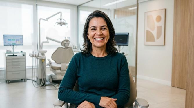 Mulher sorrindo com dentes brancos e alinhados em um consultório odontológico moderno e iluminado.