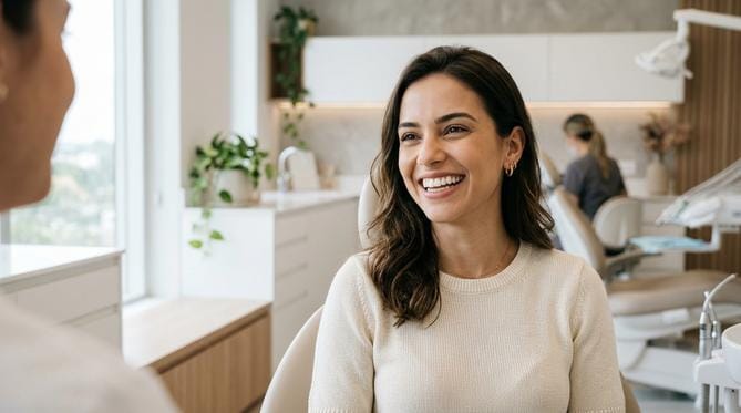 Jovem mulher elegante com sorriso naturalmente branco e confiante em uma clínica odontológica em São Judas